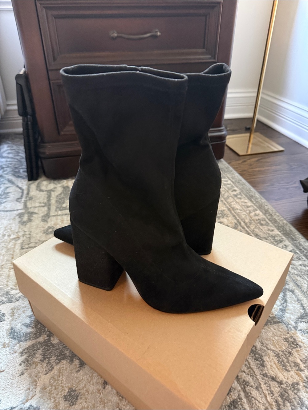 Black Suede Pointed-Toe Block Heel Boots - Women